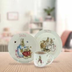 Beatrix Potter Flopsy Mopsy & Cottontail 3-Piece Nursery Tableware Set | Kids Tableware Collection -HARTS OF STUR Sales A26699 Beatrix Potter Flopsy Mopsy And Cottontail 3 Piece Nursery Set 5