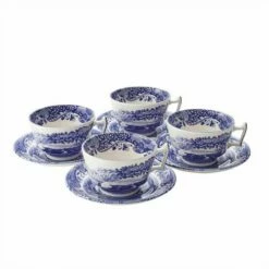 Spode Blue Italian Set of 4 Teacups & Saucers - Elegant English Fine Bone China
