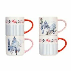 Cath Kidston London Set of 4 Stacking Mugs - Floral Design, Ceramic Drinkware