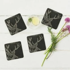 Set of 4 Stag Slate Coasters by The Just Slate Company | Elegant Tableware -HARTS OF STUR Sales JSCS4S Just Slate Company Stag Slate Coasters 2