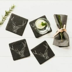 Set of 4 Stag Prince Slate Coasters by The Just Slate Company | Elegant Tableware -HARTS OF STUR Sales JSCS4STP Just Slate Company Stag Prince Slate Coasters 1