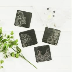 Set of 4 Woodland Friends Slate Coasters by The Just Slate Company | Natural Tableware -HARTS OF STUR Sales JSCS4WF Just Slate Company Woodland Friends Slate Coasters 2