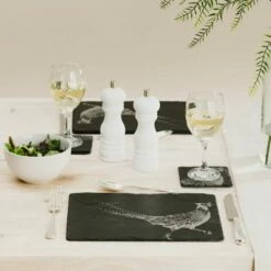 The Just Slate Company Pheasant Slate Coaster & Placemat Set - Elegant Tableware for Dining & Home Decor -HARTS OF STUR Sales JSPMCPH Just Slate Company Pheasant Slate Coaster Place Mat Set 2