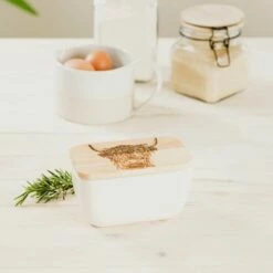 The Just Slate Company Highland Cow White Butter Dish | Elegant Tableware for Your Kitchen -HARTS OF STUR Sales JSSOBDWHC Just Slate Company Highland Cow White Butter Dish 1