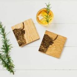 Set of 2 Highland Cow Oak Coasters by The Just Slate Company | Premium Tableware -HARTS OF STUR Sales JSSOC2HC Just Slate Company Highland Cow Oak Coasters 2