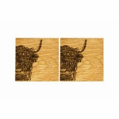 Set of 2 Highland Cow Oak Coasters by The Just Slate Company | Premium Tableware