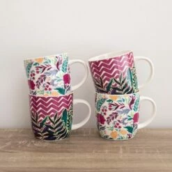 KitchenCraft Barrel Mug Set Of 4 Exotic Floral - Stylish Drinkware for Tea & Coffee -HARTS OF STUR Sales KCMBAREXFL4PC Kitchen Craft Barrel Mug Set Of 4 Exotic Floral 4