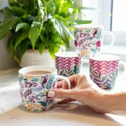 KitchenCraft Barrel Mug Set Of 4 Exotic Floral - Stylish Drinkware for Tea & Coffee -HARTS OF STUR Sales KCMBAREXFL4PC Kitchen Craft Barrel Mug Set Of 4 Exotic Floral 5
