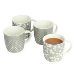 KitchenCraft Grey Dot Floral Barrel Mug Set of 4 - Stylish Drinkware for Tea & Coffee -HARTS OF STUR Sales KCMBARGRY4PC Kitchen Craft Barrel Mug Set Of 4 Grey Dot Floral 1