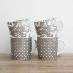 KitchenCraft Grey Dot Floral Barrel Mug Set of 4 - Stylish Drinkware for Tea & Coffee -HARTS OF STUR Sales KCMBARGRY4PC Kitchen Craft Barrel Mug Set Of 4 Grey Dot Floral 2