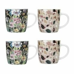 KitchenCraft Barrel Mug Set Of 4 Terrazzo Floral - Stylish Drinkware for Coffee & Tea