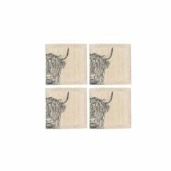 Set of 4 Highland Cow Linen Coasters by The Just Slate Company - Premium Tableware