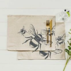 Set of 2 Bee Linen Placemats by The Just Slate Company | Stylish Table Mats for Dining -HARTS OF STUR Sales LTTM2B Just Slate Company Bee Linen Place Mats 3