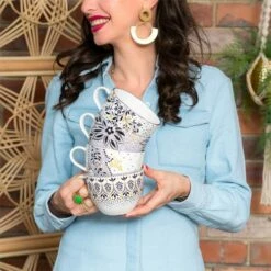 Sara Miller Artisanne Noir Set of 4 Elegant Ceramic Mugs - Perfect for Tea & Coffee -HARTS OF STUR Sales SMN79419XD Sara Miller Artisanne Noir Collection Mugs Set of 4 3