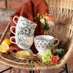 Sara Miller Artisanne Noir Set of 4 Elegant Ceramic Mugs - Perfect for Tea & Coffee -HARTS OF STUR Sales SMN79419XD Sara Miller Artisanne Noir Collection Mugs Set of 4 4
