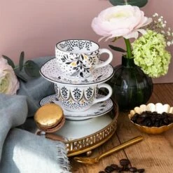 Sara Miller Artisanne Noir Set of 2 Espresso Cups & Saucers - Elegant Drinkware for Coffee Lovers -HARTS OF STUR Sales SMN79426XD Sara Miller Artisanne Noir Espresso Cup and Saucer Set of 2 5