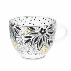 Sara Miller Artisanne Noir Lotus Mug - Elegant Ceramic Coffee Cup with Gold Accents