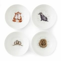 Wrendale Designs Set of 4 Ceramic Cereal Bowls - Badger, Hedgehog, Fox & Owl - Perfect for Breakfast or Snacks