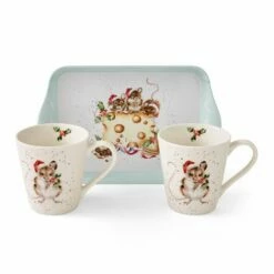 Wrendale Designs Holly Jolly Christmas Mice Mug and Tray Set - Festive Drinkware